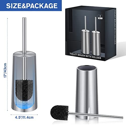 Toilet Brush and Holder, 2 Pack Toilet Brush Stainless Steel, Toilet Bowl Brush for Bathroom Toilet-Ergonomic, Elegant,Durable (Silver) 7