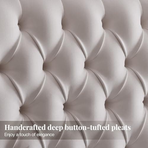 Jocisland Queen Size Bed Frame with 61.4" Tall Headboard, Velvet Upholstered Wingback Platform Design, Handcrafted Pleats& Deep Button Tufted, Solid Wood Legs, No Box Spring Needed, Cream 5