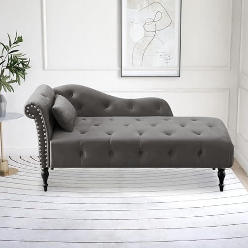 HomJoones Tufted Upholstered Velvet Rolled Arm Chaise Lounges Indoor Chair, Right Arm Facing Chaise Lounge with Nailhead Trim and 1 Pillow,for Living Room Bedroom Office (Grey) 10