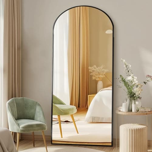 DUMOS 63"x20" Arched Full Length Mirror with Stand Floor Free Standing Aluminum Frame for Bedroom Body Hanging Leaning Modern Simple Home Decor Shatter-proorf Nano Glass Wall, Black-Rounded 8
