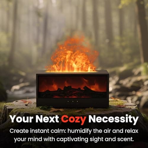 Omnexa Fireplace Flame Diffuser Air Humidifier, Essential Oil Diffuser with 7 Colors Light & Timer, Auto-Off Ultrasonic Cool Mist Aroma Humidifier for Home, Bedroom, Office, Yoga(Black) 7