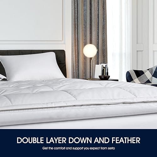 Serta Feather and Down Fiber Pillow Top Mattress Topper King Size - 233 Thread Count 100% Cotton Mattress Pad Ultra Soft 2-Inch Support Feather Bed-White 5