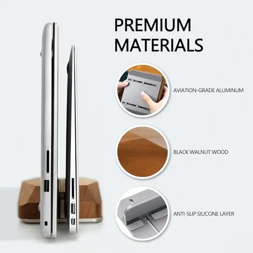 Dual Laptop Holder Vertical Laptop Stand, Natural Wood, Adjustable Dock, Wooden Laptop Stand, Vertical Laptop Holder for Desk, Widen Dock Fits All MacBook/Surface Pro 2 Devices (Black Walnut) 5