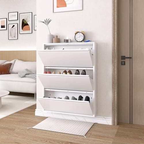 LUCYPAL White Shoe Cabinet Storage for Entryway,Slim Shoe Cabinets for Entryway,Metal Hidden Shoe Cabinet with 3 Flip Drawers for Living Room,Bedroom,Apartment 43" H*31.5" W*6" D