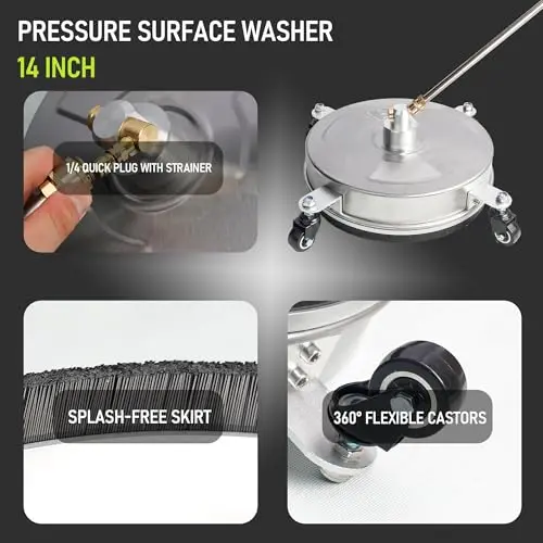 Hourleey 14" Pressure Washer Surface Cleaner, Stainless Steel Surface Cleaner with 4 Wheels for Concrete, Patio, Sidewalk, Deck, Pathway 1/4" Quick Connector, 2 Extension Wand, 4000 PSI 5