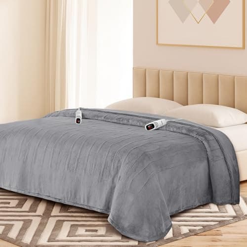 Yokimisu Electric Blanket King with Dual Control-100 x90 Soft Flannel Heating Blanket, 9 Heat Levels & 10 Hours Auto Off Heated Blanket, Fast Heating Electric Throw, Machine Washable- Grey