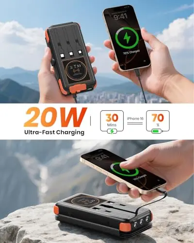 49800mAh Solar Charger Power Bank with Built-in 3 Cables & 4 Solar Panels, 20W Fast Charging Portable Phone Charger, USB C Outdoor External Battery Pack with LED Flashlights for Cellphones, Tablets 5