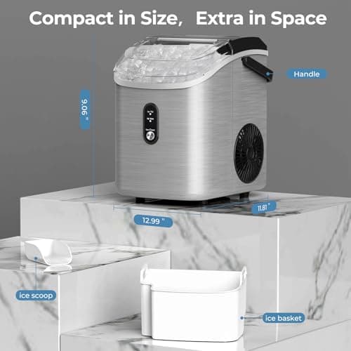 Nugget Ice Maker Countertop, 35.5Lbs/24Hrs Chewable Sonic Ice Machine with Self-Cleaning, Handle, Water Tank, Quiet Operation & Portable Pellet Ice Maker for Home, Office, Kitchen, Bar, Silver 6