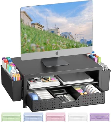 OPNICE Desk Organizers and Accessories, Computer Monitor Stand Riser with Drawer and 2 Pen Holders, Laptop Stand, Office Desk Accessories & Workspace Organizers for Home Office Supplies, Office Book Rack, Black 8