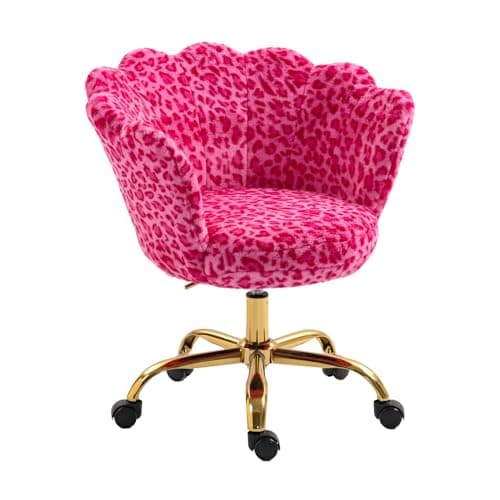 ZOBIDO Comfy Home Office Task Chair with Wheels, Cute Modern Upholstered PU Seashell Back Adjustable Swivel Vanity Desk Chair, for Women,for Girls, Living Room, Bedroom（Rose red Leopard Print