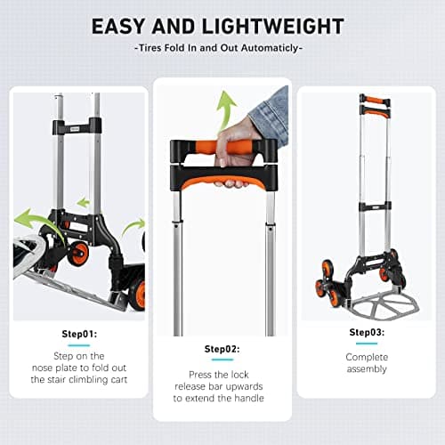 Stair Climbing cart Dolly Extended Handle by Teprovo,Aluminum Foldable Hand Truck Moving, Flat Floor Load capacity176 lb, Stair Climbing Dolly Load110 lb, Portable Trolley cart with Wheels 5