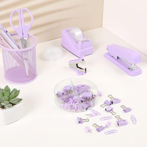 SKYDUE Purple Desk Accessories, Purple Office Supplies Set, Stapler, Tape Dispenser, Scissors, Binder/Paper Clips and 1000pcs Staples,Office Supplies for Women 9