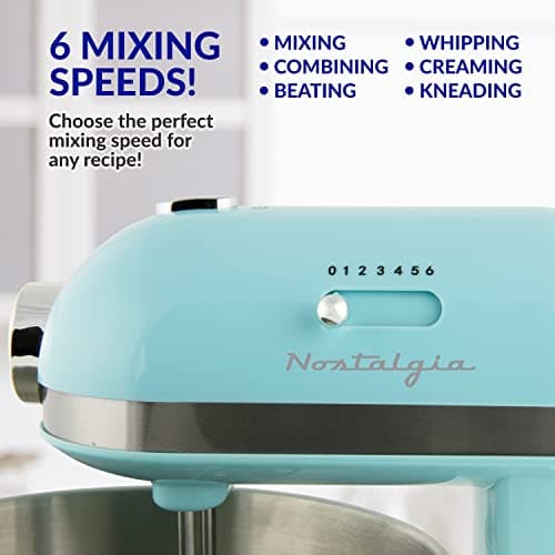 Nostalgia Classic Retro Professional 3.5 Qt Stand Mixer with Tilt Head and Stainless Steel Bowl, Six-Speed, Includes Dough Hooks and Beaters, Aqua 5