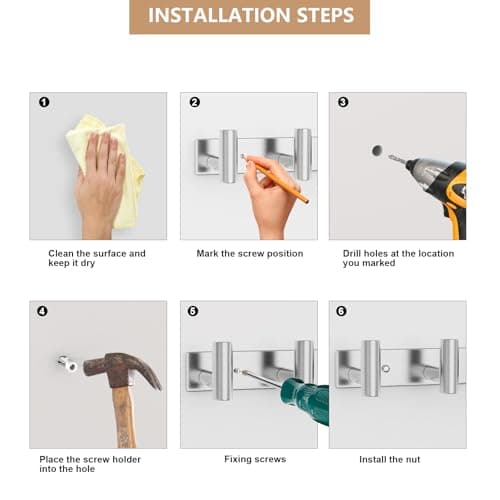 VINHOLD Wall Mounted Coat Rack-4 Hooks, Heavy Duty Stainless Steel Wall Hooks for Towel Coat Bag, Hat Rack Coat Hanger Coat Hooks Towel Racks for Bathroom Entryway Kitchen Hotel (Silvery, 1 Pack) 8