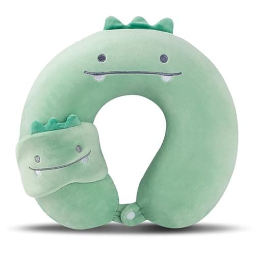 MissSoul Kids Neck Pillow for Travel with Sleep Eye Mask, Cute Travel Neck Pillow, Memory Foam Flight Sleeping Headrest Pillow for Boys & Girls, Airplane, Train, Car, Home Use - Green Dinosaur
