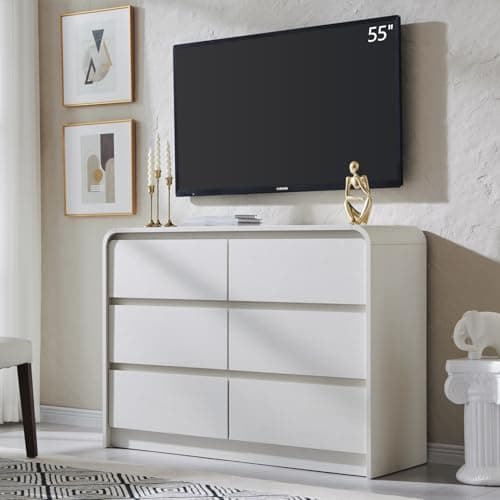 Aitjunz Modern 6 Drawers Dresser for Bedroom, 47" Wide Wood Dressers & Chests of Drawers with Curved Profile Design, Mid Century Modern Dresser for Closet for Bedroom, Living Room, Antique White