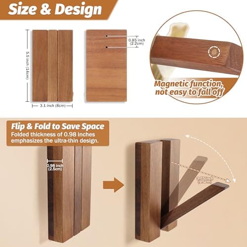 KYIAANY Foldable Wall Hooks 2Pack: Rustic Wooden Coat Hooks Mounted for Heavy Duty Hanging Hats Bags Beach Towels, Space Saving Minimalist Design for Aesthetic Homeowner 3