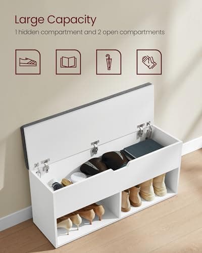 VASAGLE Shoe Storage Bench with Cushion, Entryway Shoe Rack Bench with Storage, 2 Open and 1 Hidden Compartments, for Living Room, Bedroom, White and Gray ULHS021W01 5