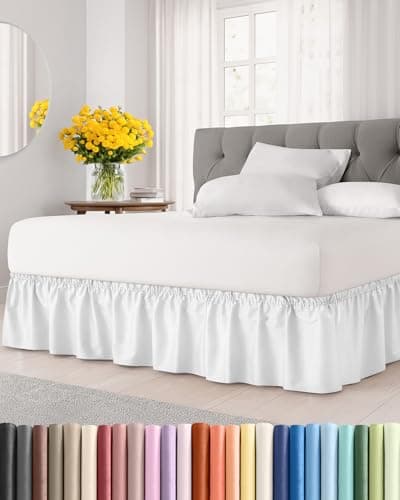 Wrap Around Dust Ruffle Bed Skirt - White - for Queen Size Beds with 15 Inch Drop - Easy Fit Elastic Strap - Adjustable Pleated Bedskirt w/Brushed Fabric - Wrinkle Free - for Women, Men, Kids & Teens