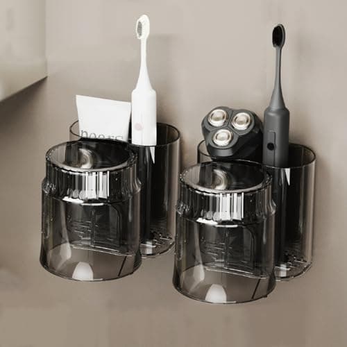 THWRAI Toothbrush Holder 2 Pack with Caps for Bathroom, No Drilling & Wall Mounted with Toothpaste, Razor Organizer, Black Toothbrush Holder Set, Bathroom Organizer for Toiletry