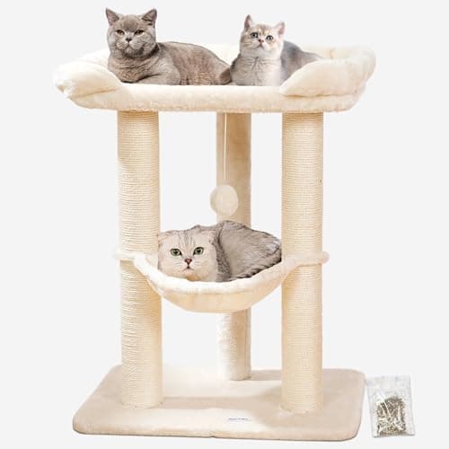 Happi N Pets 28" Cat Tree Tower, Tall Cat Scratching Post with Soft Perch for Window Viewing, Large Bed for Big Cats, Stable & Compact Cat Tower with Hammock, Removable Cover-Beige