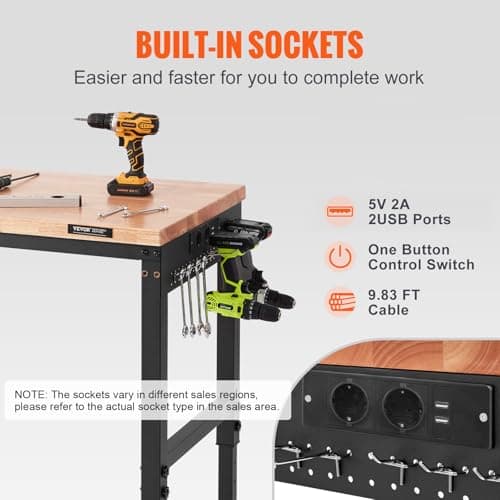 VEVOR Adjustable Workbench, 48" L X 24" W Garage Worktable with Universal Wheels, 28-39.5" Heights & 2000 LBS Load Capacity, with Power Outlets & Hardwood Top & Storage & Foot Pads, for Office Home 5