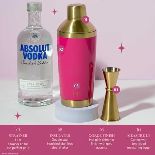 Paris Hilton 2-Piece Cocktail Shaker Set, Double Wall Insulated Stainless Steel Mixer with Built-In Strainer and Double-Sided Jigger, 20-Ounce, Gold and Hot Pink 3