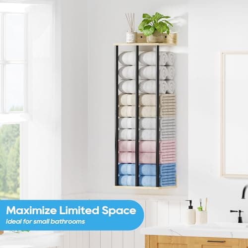 WeGXY Towel Racks for Bathroom Wall Mounted, 3 Bar Wall Towel Rack for Rolled Towels, Metal Towel Holder with Wooden Shelf, Sturdy and Large Capacity, Towel Storage Organizer 8