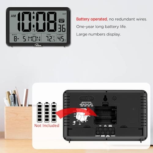 WallarGe Auto Set Digital Wall Clock Battery Operated, Desk Clocks with Temperature, Humidity and Date, Large Display Digital Calendar Alarm Clock for Elderly, Bedroom, Office, 8 Time Zone, Auto DST. 5