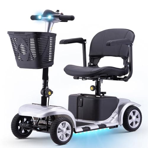 Mobility Scooter for Adults, Senior, Skmc 4 Wheels Electric Powered Chargeable Device for Travel, Lightweight and Portable, with LED Headlights and Basket, Charger Included, Red/Blue (Silver)