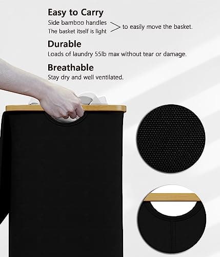 SUOCO Laundry Basket with Lid, 29 Gal (110L) Clothes Hamper with Bamboo Handles, Large Foldable Laundry Hamper for Bedroom, Bathroom, Dorm, Laundry Room - Black 7