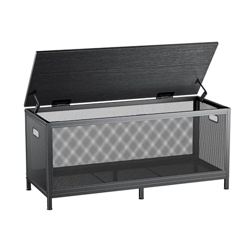 VOPEAK Storage Bench, Storage Chest with 2 Safety Hinges, 43.3 x 15.7 x 17.7 Inches Coffee Table, Wooden Metal Frame Storage Trunk Easy Assembly Shoe Storage Bench for Bedroom, Living Room, Black