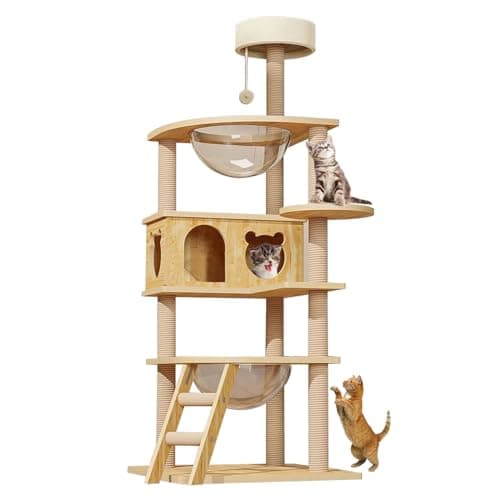 DLPIN Modern Wood Cat Tree,Tall Cat Tower,Multi-Level Cat Condo Furniture Sisal Scratching Posts and Washable Cushions for Indoor Cats Climbing Tower Activity