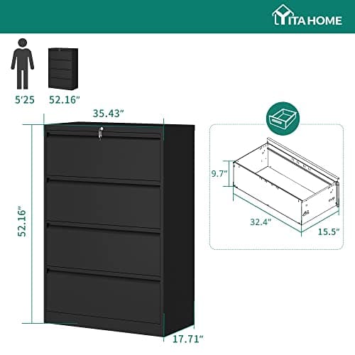 YITAHOME 4 Drawer Metal Lateral Filing Cabinet, Stainless Steel Wide Lateral File Cabinet with Lock for Legal/Letter A4 Size, Assembly Required，Office Organizer Storage Cabinet, Black 2