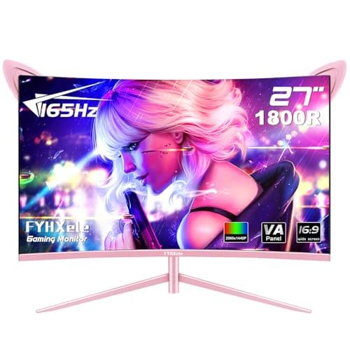 FYHXele FY27QHP Pink Monitor 27 Inch Curved Gaming 165Hz - Support 144Hz 1800R 1ms QHD 2560 x 1440P VA Screen, Built-in Speakers, AMD Free-Sync, HDMI, DP, USB, AUX, Tilt Adjustable