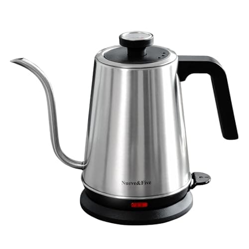 Nueve&Five Gooseneck Electric Kettle with Thermometer,Electric Tea Kettle 1L with Auto Shut-Off，1000W Hot Water Kettle of Stainless Steel,Pour Over Kettle for Coffee & Tea -Chrome
