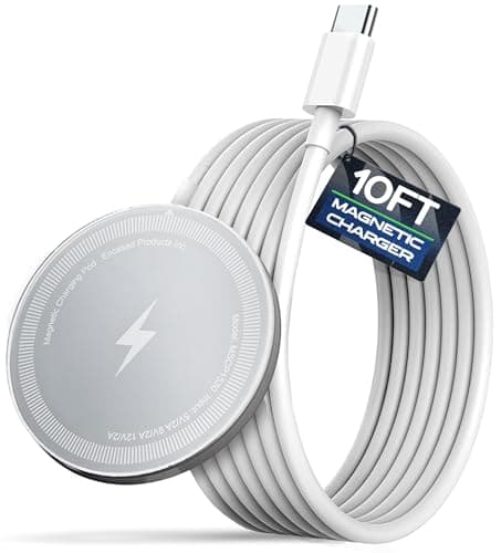Galvanox Wireless Charger with Extra Long Cord for iPhone - 10ft (Compatible with MagSafe) Magnetic Fast Charging Pad (15W) with 10 Foot Cable (White)