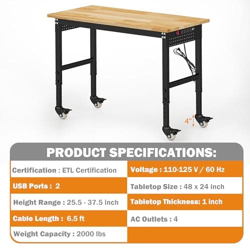 Betterhood 48" Adjustable Workbench on Wheels, Rubber Wood Heavy Duty Workstation with Power Outlets&2 Pegboards, 2000 Load Capacity Hardwood Worktable for Workshop, Garage, Office, Home, Commercial 6