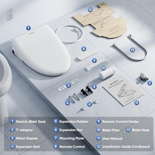BATHKITY Electric Bidet Toilet Seat with Instant Warm Bidet Wash & Warm Air Dryer, Self-Cleaning Stainless Steel Nozzle, Soft Close Lid, Elongated 7
