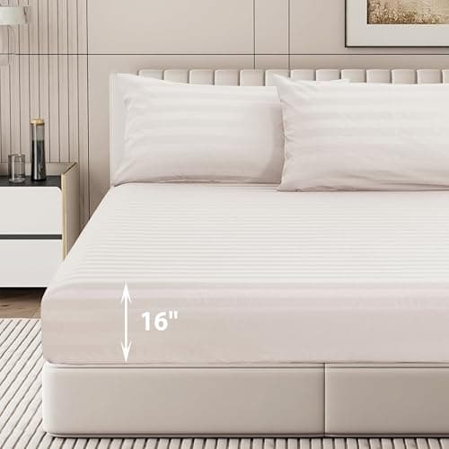 100% Egyptian Cotton Fitted Sheet Twin Size Only, 600 Thread Count, 8"-16" Deep Pocket Sateen Weave Bottom Sheet, Soft Breathable Hotel Quality, Foot Side Indicator (Twin, Striped Ivory) 5