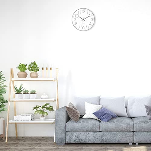 Foxtop Silver Wall Clock Silent Non-Ticking Battery Operated Round Modern Wall Clock for Office School Home Living Room Bedroom Bathroom Kitchen Decor 12 inch 6