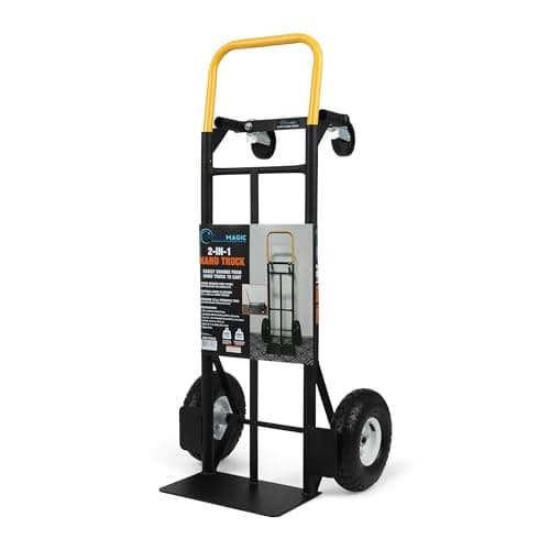Simpli-Magic 800 lb Capacity 2 in 1 Convertible Hand Truck and Dolly with 10" Flat-Free Solid Rubber Wheels,Black with Yellow Handle.
