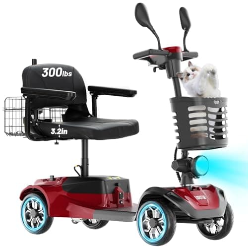 4-Wheel Mobility Scooter for Seniors & Adults, Foldable Electric Powered Device for Travel, Lightweight and Portable, All Terrain,15-Mile Range, 300 LBS, with Lights, 2 Baskets&Mirrors