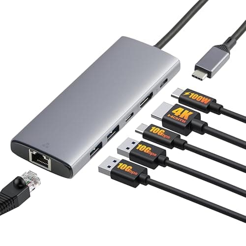 Amazon Basics 6-in-1 USB-C 3.2 (10G) Hub, Multiport Adapter with 100W Power Delivery, 4K HDMI, Ethernet, 2 USB-A, 1 USB-C, Light Grey, 4.70 x 1.81 x 0.59 inches