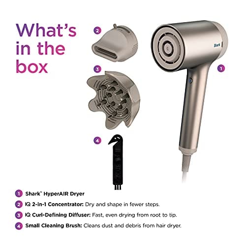 Shark HD113BRN Hair Blow Dryer HyperAIR Fast-Drying with IQ 2-in-1 Concentrator and Curl-Defining Diffuser Attachments, Auto Presets, Ionic, Styling Tools, No Heat Damage, Extendable Prongs, Stone 10