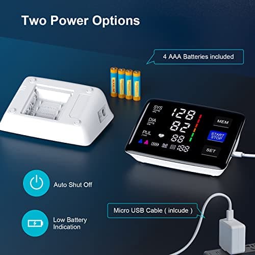 Blood Pressure Monitor, 9-17'' & 13-21'' Extra Large Blood Pressure Cuff Upper Arm, LED Color Backlit Screen Automatic Digital Blood Pressure Machine with USB Cable and 4 AAA Batteries 5
