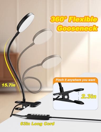 Reifeiniwei Desk Lamp with Clamp-10W，2-in-1 with RGB Ambient & Warm White Light,Book Reading Light Color Changeable/Flexible Gooseneck LED Lamps Clip on Bed Headboard and Computers 800LM-Black 5