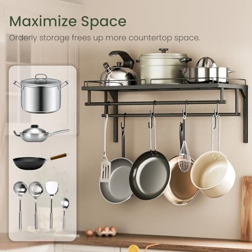 CHOEZON Hanging Pot Rack, Wall-Mounted Pot Rack, Kitchen Cookware Organizer, Metal Pot and pan Organizer Holder, for Cookware, Utensils Organization, Black TPR38BB 5