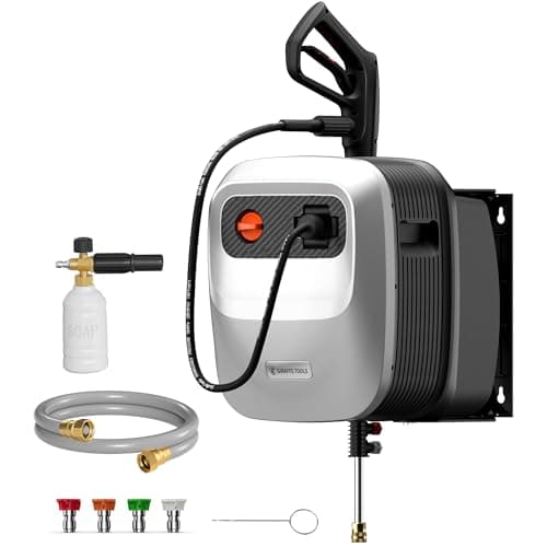 Giraffe Tools Grandfalls Retractable Pressure Washer G20, 2500 PSI 2.2 GPM, Wall Mounted with 65FT Hose Reel, 4 Nozzles for Floor/Cars/Fences/Patios, Light Silver Case with Black Pressure Hoses