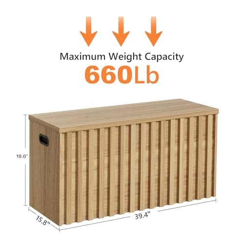 UEV Storage Bench,39.4" Wood Box, Storage Trunk with 2 Safety Hinges, Ottoman Storage Chest, Fluted Storage Bench for Bedroom, Entryway, Living Room(Natural Wood) 3
